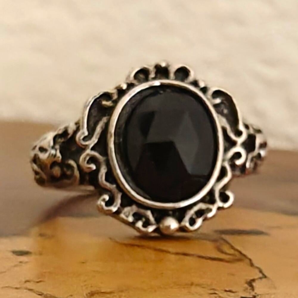 Silver Tone Oval Black Onyx Bezel Set Cocktail Ring